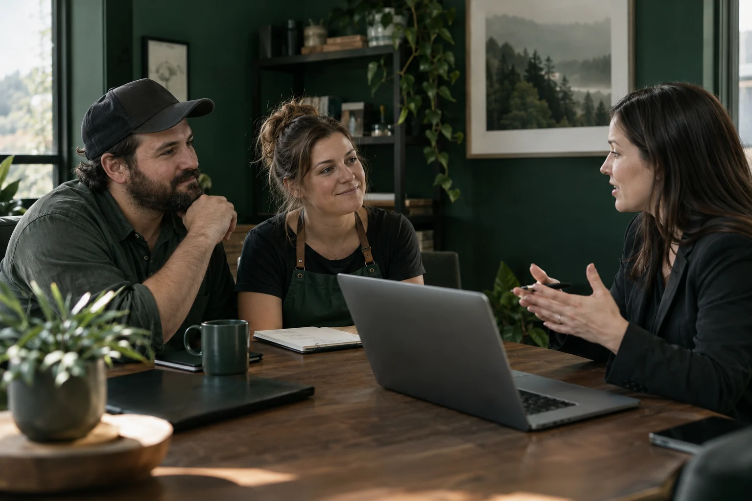 Illustrative local business owners planning their next steps with an adviser
