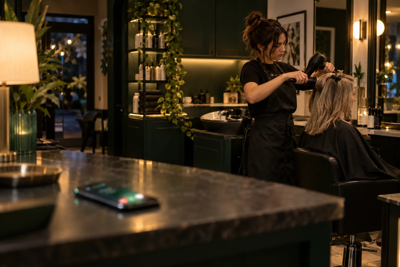 Illustrative salon owner serving a client while a phone receives a call at reception