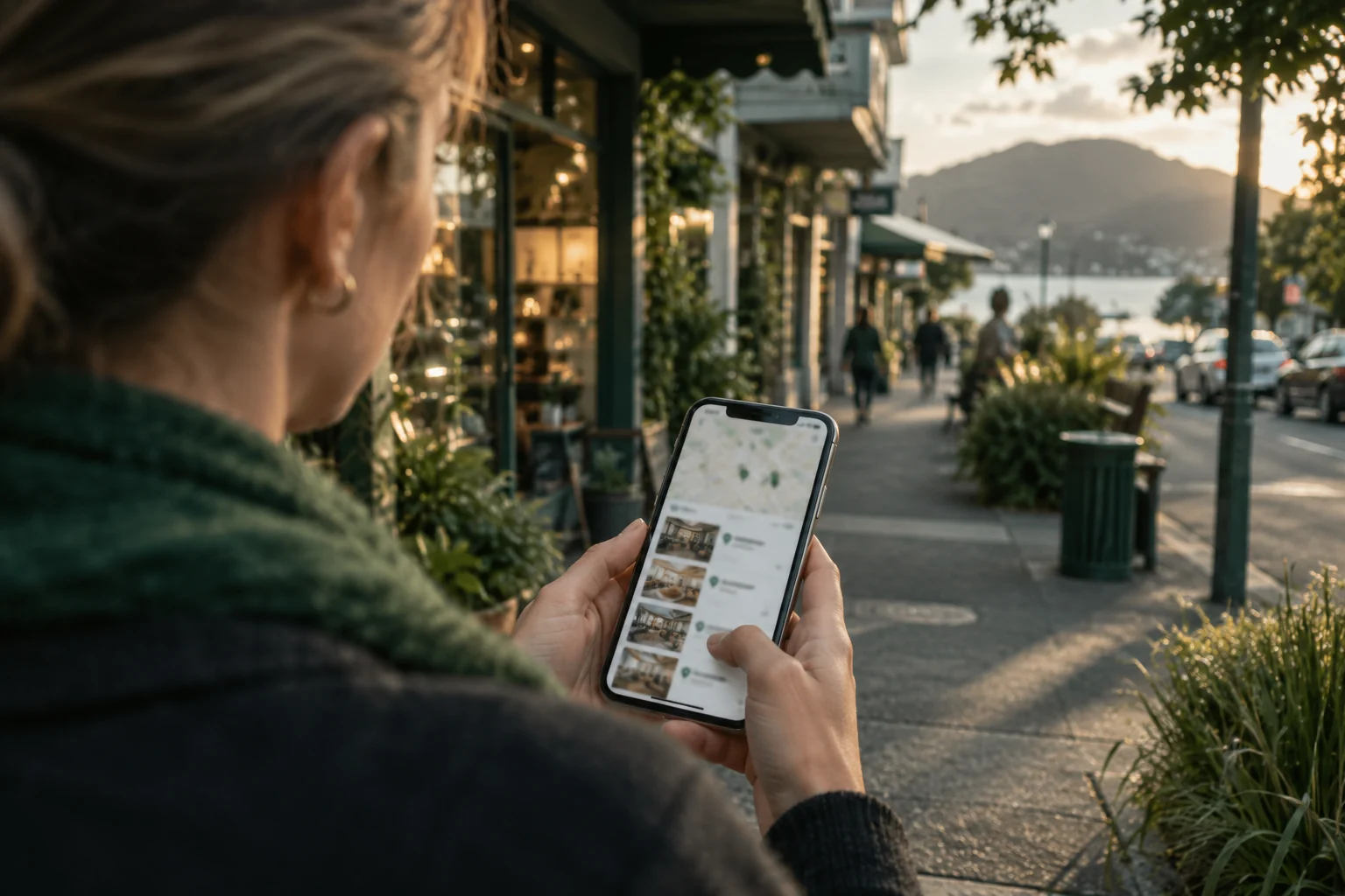 Illustrative customer comparing local businesses on a phone in a neighbourhood shopping street