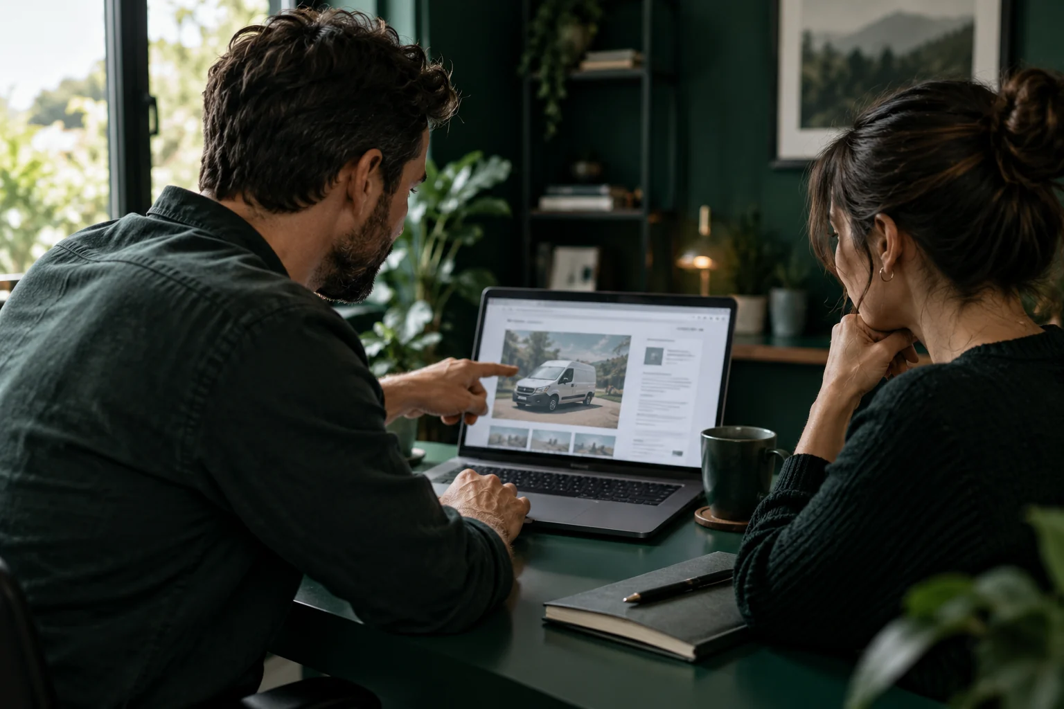 Illustrative owner and marketing specialist reviewing an advertising creative