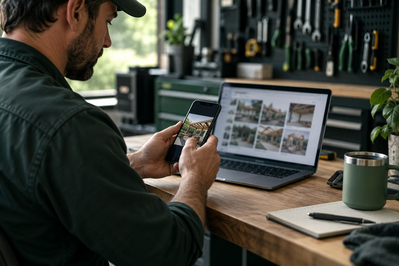 Illustrative trades business owner sharing completed-work photos from a phone beside a laptop