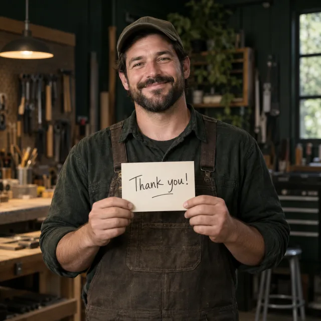 Illustrative business owner holding a thank-you note