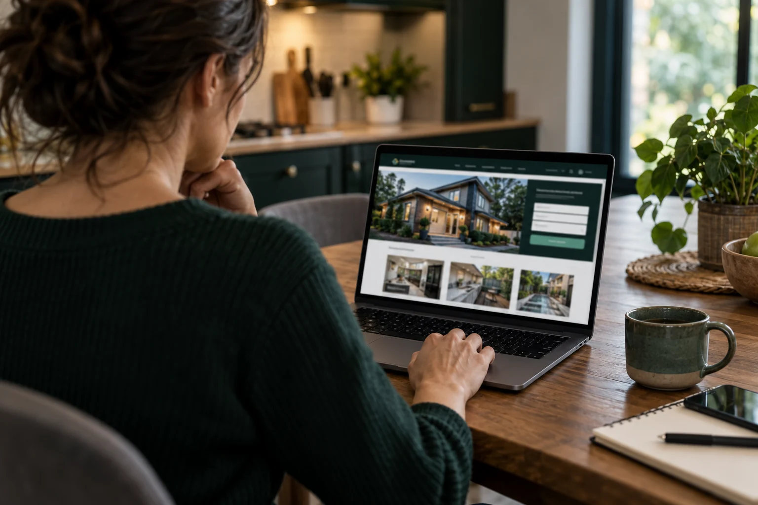 Illustrative customer checking a local service business website on a laptop